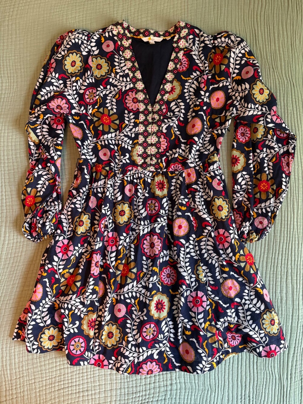 Boden Women’s US 8R UK 12R Floral Long Sleeve Fit Flare Dress Navy Boho